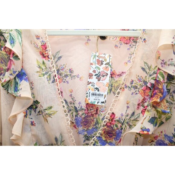 BKE NWT Womens Medium Top Floral Sheer Peach Balloon Sleeve Ruffles Cottage Core - Picture 6 of 10
